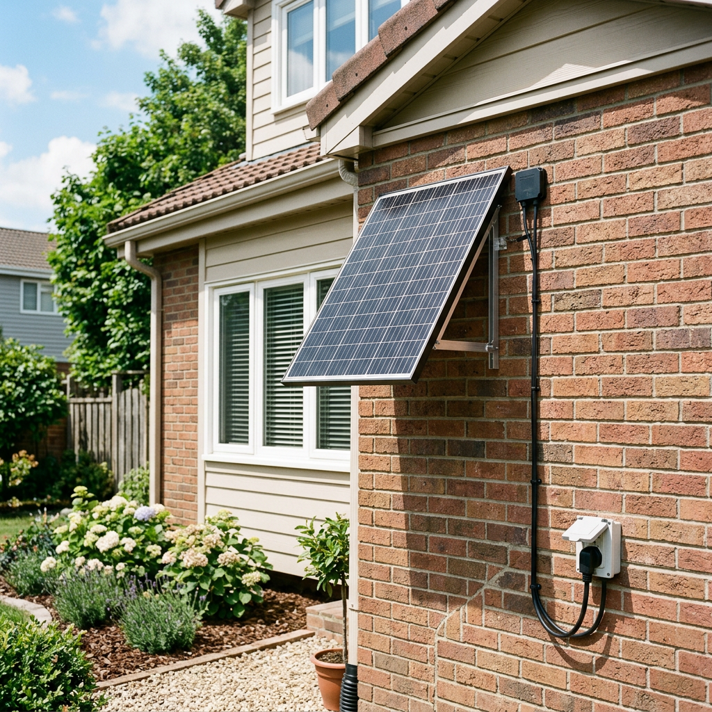 Small solar panel mounted on brick wall of house connected to electrical outlet